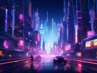 未来科技城市夜景街道霓虹灯光场景